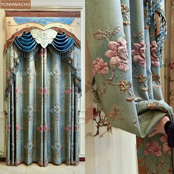 

Custom curtains high-grade high-precision dark texture embossed fabric blue cloth blackout curtain valance tulle panel C148