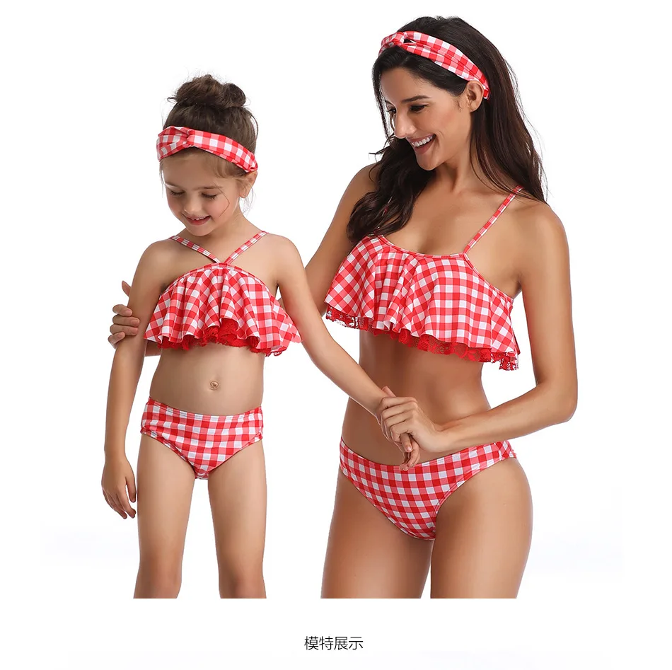 Red Plaid Mother and Daughter Swimsuit Mommy Me Swimwear Bikini Family Look Summer Matching Clothes Outfits Mom Mum Dresses orange bikini set