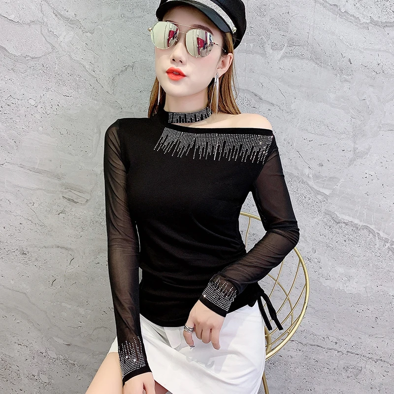 Black t-shirt Черная футболка с сетчатыми вставками, бриллиантами, Холтер, с открытыми плечами, осенняя рубашка Топы, трикотажная эластичная длинная футболка без рукавов Mujer T98494 - Цвет: Black t-shirt