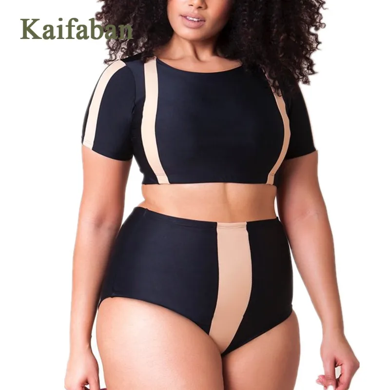 

XL-4XL Women Short Sleeve High Waist Plus Size Bikini Swimsuit Swimwear Hit Color Bandage Push Up Biquini Plavky Maillot Tankini