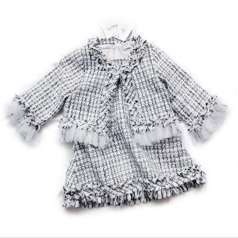 Новые осенние твидовые пальто eleagnt+ платье-жилет комплекты из 2 предметов для маленьких девочек, сетчатые куртки принцессы в стиле пэчворк Детские костюмы 1034