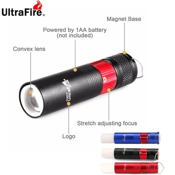

Ultrafire with magnet white / red / blue LED flashlight Zoomable torch emergency warning camping work light using 14500 battery