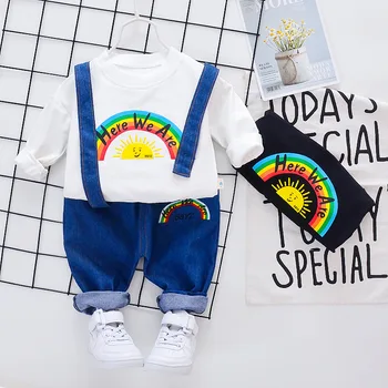 

Children's spring and autumn new Korean version of the baby long sleeve rainbow round neck strap 2 piece set