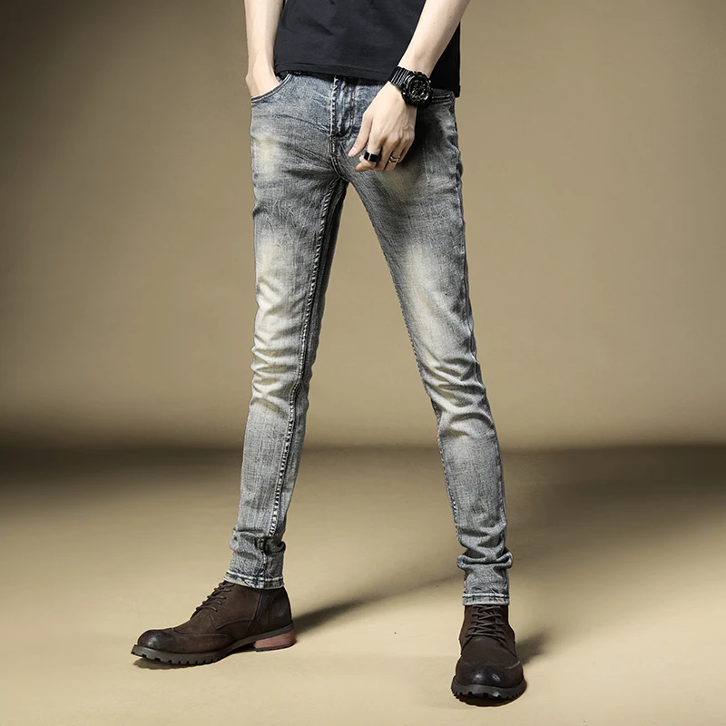 Autumn Men Vintage Jeans Retro Blue Cotton Straight Slim Fit Pants Streetwear Denim Trousers