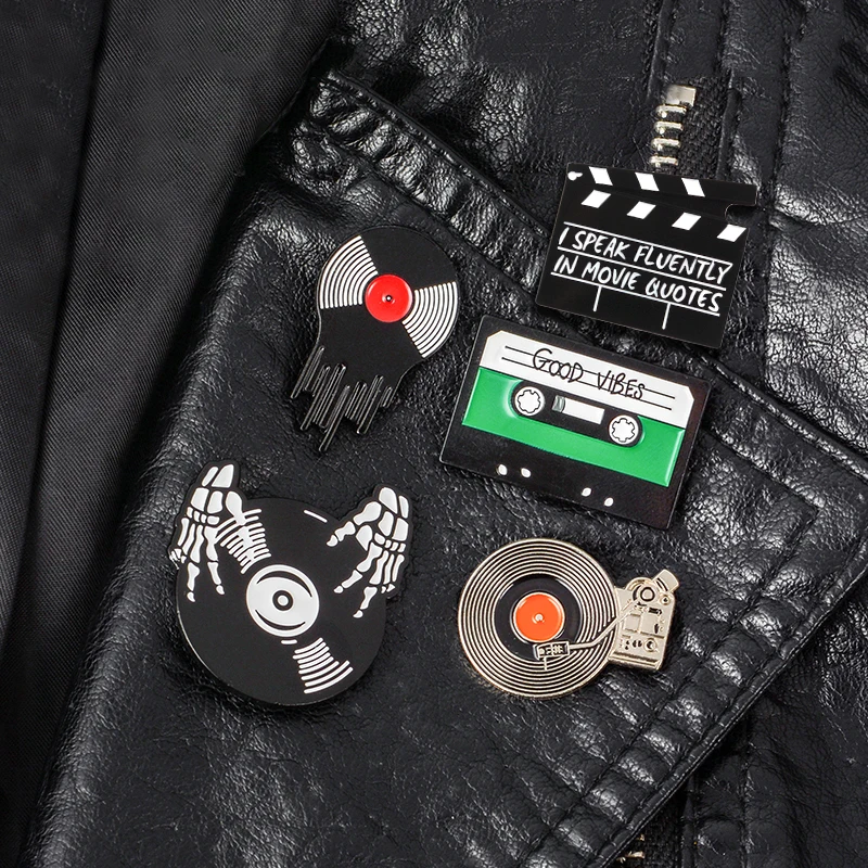 

Punk Music Lovers Enamel Pin Good vibes tape DJ Vinyl Record Player badge brooch Lapel pin Jeans shirt Cool Gothic Jewelry Gift