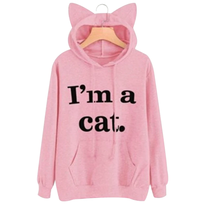 

Women Autumn Personality Cool "I'm A Cat" Letter Print Sweatershirt Long Sleeve 3d Ear Hooded Blouse Pocket Cute Sweet Jacket