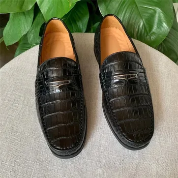 

Authentic Real Crocodile Skin Men's Business Casual Moccasins Genuine Exotic Alligator Leather Male Slip-on Black Dress Shoes