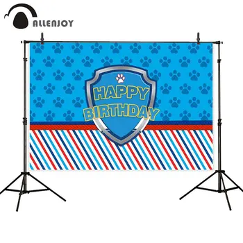 

Allenjoy Happy Birthday Banners Blue Dog Footprint Step and Repeat Shield Stripes Photobooth Child Celebration Events Curtains