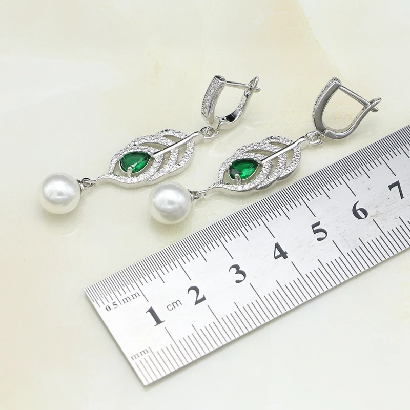 925 Silver Jewelry Sets Natural Green Cubic Zirconia White Pearl For Women Drop Earrings/Ring/Pendant/Necklace Set