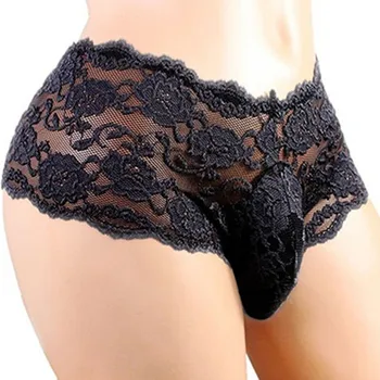 

Hot Sexy Mens Lace Underwear Sissy Grid Thong Seamless Enhance Pouch Bikini Briefs Pants Men's Underwear
