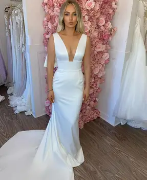 

2020 robe de mariée perles sexy v-neck satin wedding dress with train sleeveless floor length custom made vestiti da sposa