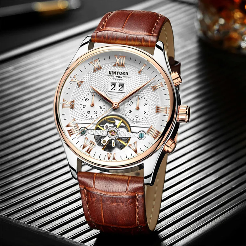 Mechanical Watch KINYUED Men watch Skeleton Mechanical Leather Strap mechanical watch business watch link