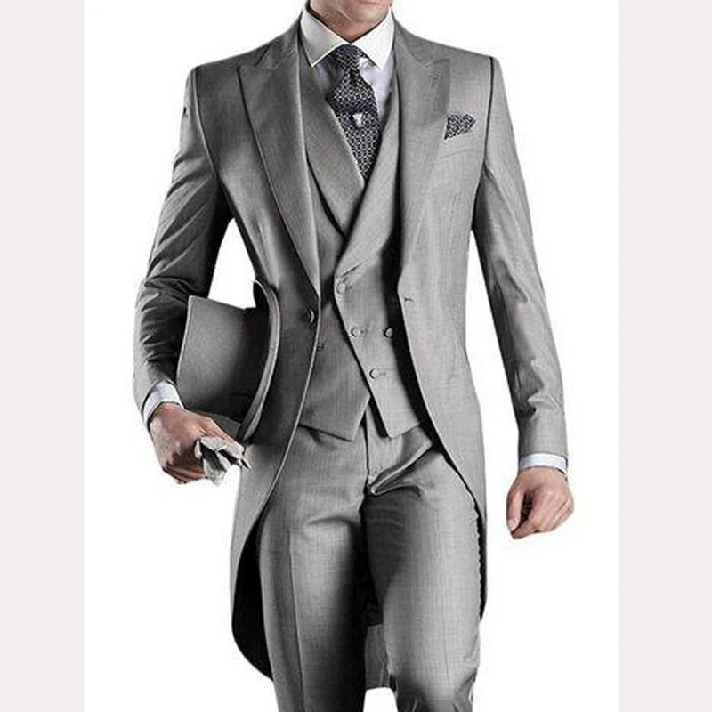 3 piezas gris hombres cola abrigo con doble Breasted chaleco Slim boda esmoquin para el novio de hombre de moda conjunto de ropa