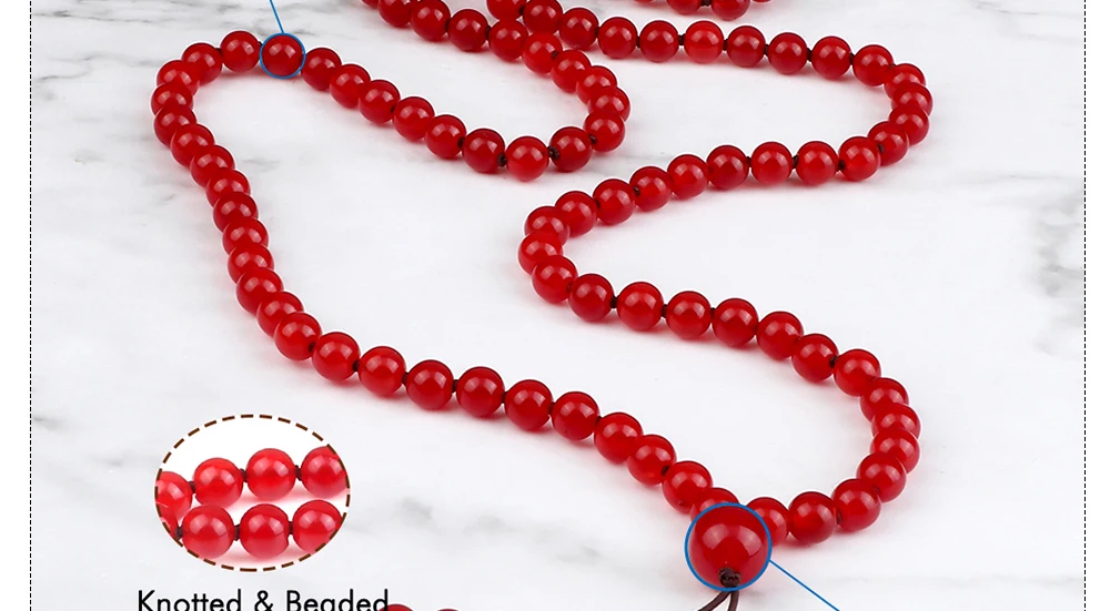 Vintage Halskette mit 108 Mala-Perlen, Karneol, roter Naturstein, handgefertigt, geknotet, Meditation, Yoga, Schmuck, Damen und Herren, Glücksarmbänder – Detail 8