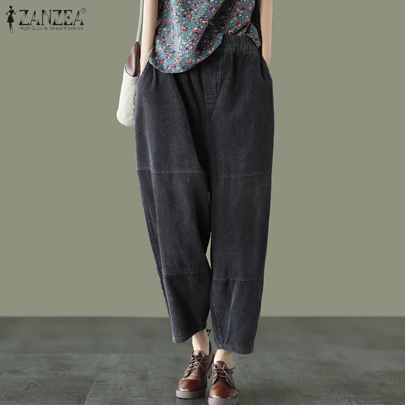 

Plus Size Women's Trousers 2020 ZANZEA Kaftan Patchwork Corduroy Harem Pants Casual Elastic Waist Turnip Female Pantalon Palazzo