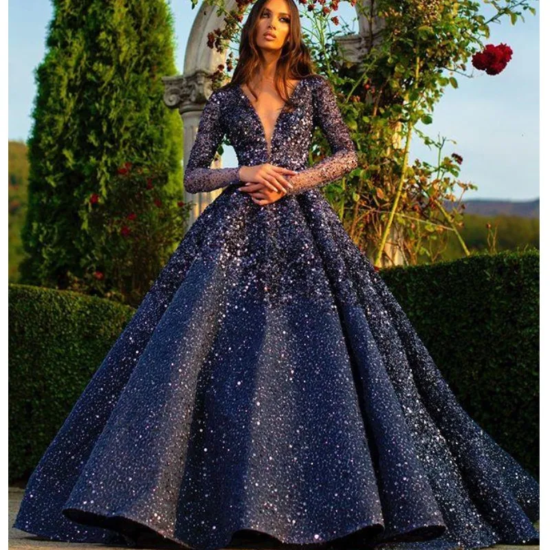 

Shinny Sequined Evening Dresses With Deep V Neck Long Sleeves Prom Dress Puffy Custom made Celebrity Pageant Gowns robe de soire