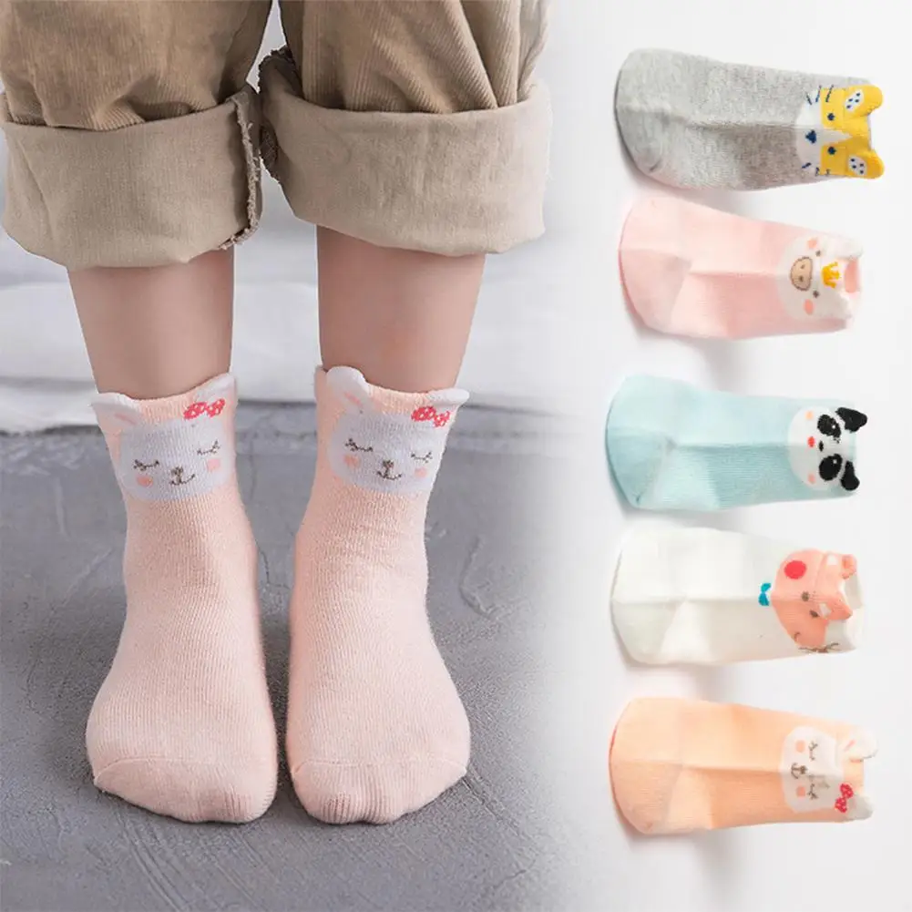 DSstyles 5 пар/компл. осенние детские 3D мультфильм Рисунок котенка хлопковые ботинки до середины икры Длина Носки, хлопок, в форме трубы, дышащие детские носки