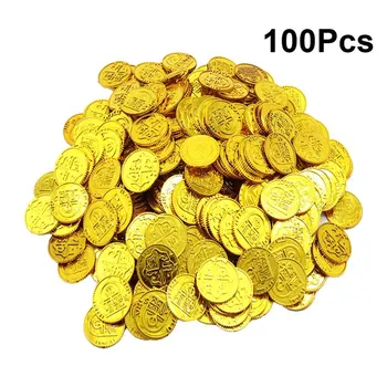 

100pcs Pirates Gold Coins Plastic Currency Toy Game Props Chips Playset Party Favor for Kids (Golden)