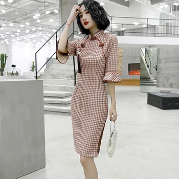 

Vintage Button High Split Sexy Cheongsam Qipao Large Size Women Vestidso Mandarin Collar Half Sleeve Evening Party Dress