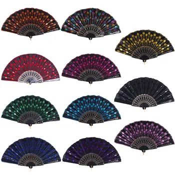 

Rainbow color Christmas Dance Fan Peacock Pattern Folding Hand held Embroidered Sequin Gift fan