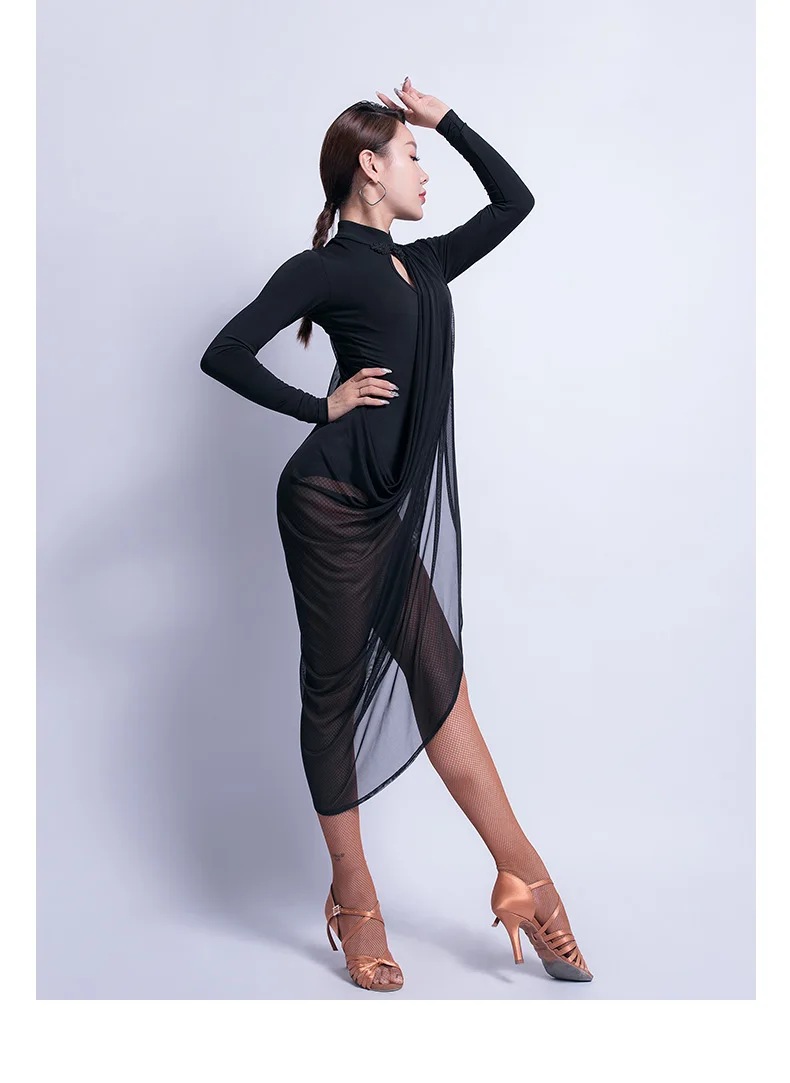 Пикантные латинские платья женские V воротник Танго ча-ча Самба практические занятия танцами носить черный одежда с длинным рукавом Сальса Румба платье для сцены DC2271