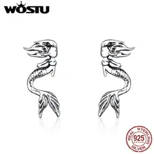 WOSTU, Ретро стиль, хвост русалки, серьги-гвоздики, 925 пробы, серебро, морская горничная, маленькие серьги для женщин,, модное ювелирное изделие, CQE588
