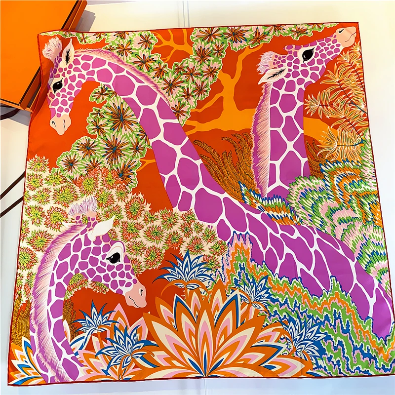 

90cm Animal kingdom Foulard Twill Silk Square Scarf Women Shawl Brand Hijab Scarf Bandana Leopard Handmade Curled Head Scarves