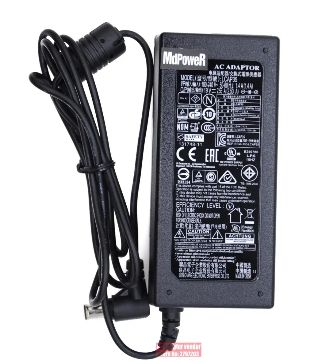 Оригинальный новый для LG ЖК-дисплей монитор СВЕТОДИОДНЫЙ ТВ 19V 2.53A LCAP35 адаптер