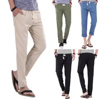 

Casual Elastic Waist Drawstring Cotton Linen Trousers Solid Color Men Long Pants Solid color long pants for men perfect gifts