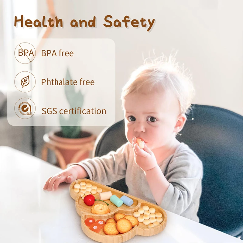 6pcs Baby Silicone Plate Spoon Set Baby Feeding Silicone Bowl  for kid Non-slip Bamboo Wood Dinner Plate Silicone Tableware 6