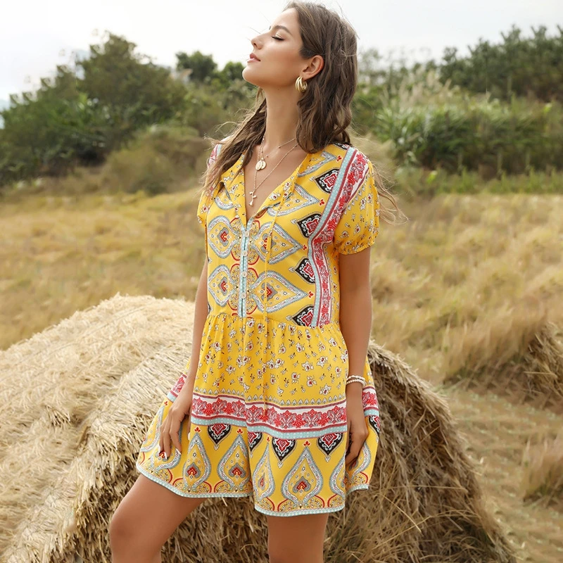 

Women Summer Fashion Print Jumpsuit Shorts Casual Loose Short Sleeve V-neck boho Rompers Short sleeve Loose Sexy Casual Playsuit