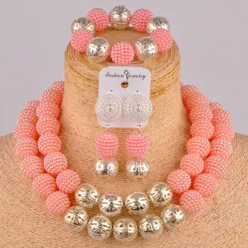 

peach and silver costume necklace african jewelry set simulated pearl nigerian beads jewelry set FZZ90