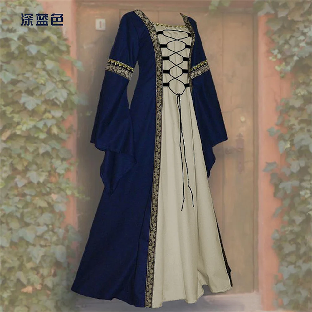 100% cotton Foreign Trade Wish European And American-Style Long-Sleeved Bell Sleeve Lace-up Lace Long Dress GOTHIQUE Retro Women
