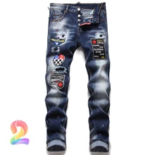 Pantalones vaqueros DSQ2 para hombre, ropa de Hip Hop, elásticos, con agujero dañado, Patchwork dsq