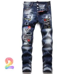 Pantalones vaqueros DSQ2 para hombre, ropa de Hip Hop, elásticos, con agujero dañado, Patchwork dsq