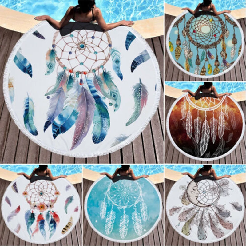 

Indian Round Mandala Beach Throw Hippie Tapestry Mat Towel Bohemian Roundie Tassels Print Summer Beach Towel