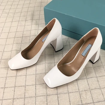 

Luxury Brand Genuine Leather High Heels Women Shoes Patent Leather Solid Square Heels Ladies Shoes New Fashion Popular Shoes