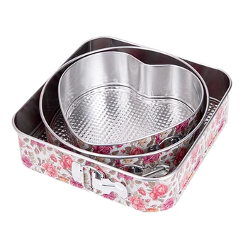 

3 Pcs Non-Stick Springform Cake Pan Metal Baking Cake Mold with Removable Bottom Round Heart Square Shapes Bakeware