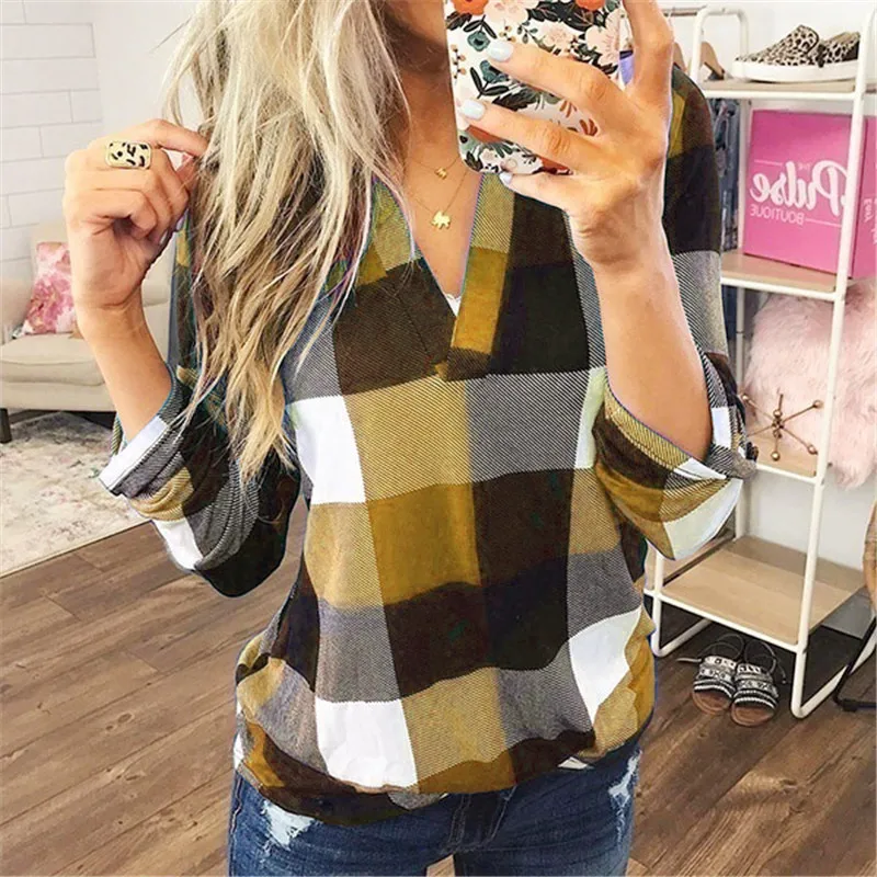VIEUNSTA Sexy Off Shoulder Women Shirt Autumn Plaid Print Long Sleeve Blouse Shirt Fashion Plus Size Loose Streetwear Tops Blusa VIEUNSTA Sexy Off Shoulder Women Shirt Autumn Plaid Print Long Sleeve Blouse Shirt Fashion Plus Size Loose Streetwear Tops Blusa
