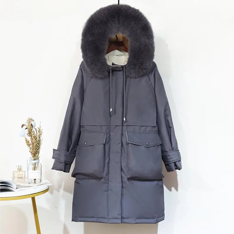 FTLZZ Large Natural Fox Fur Hooded Winter Long Jacket Women 90% White Duck Down Warm Thickness Down Parkas Tie Up Snow Outwear - Цвет: Gray