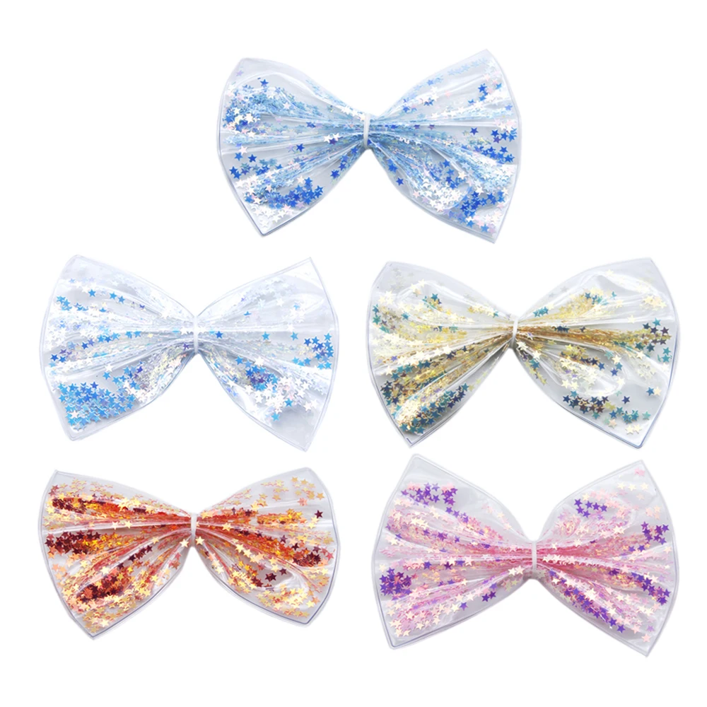 

New 12.8x8cm Transparent Leather Bow-knot with Sequins, Crafts Handmade Materials Hair Clip Accessories Girls Decor DIY,5Yc7410