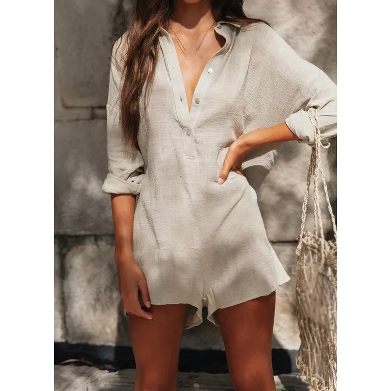 Topgee Women Casual Cotton and Linen Short Jumpsuit Romper V-Neck Button Rompers Topgee Women Casual Cotton and Linen Short Jumpsuit Romper V-Neck Button Rompers