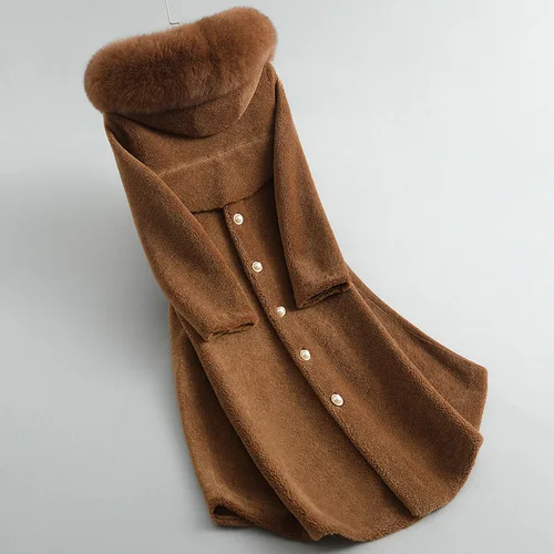 Coffee Brown Женское пальто с натуральным мехом, Корейская стрижка овец, осенне-зимнее пальто, женская одежда, воротник из лисьего меха, замшевая подкладка 518111, YY1859 - Цвет: Coffee Brown