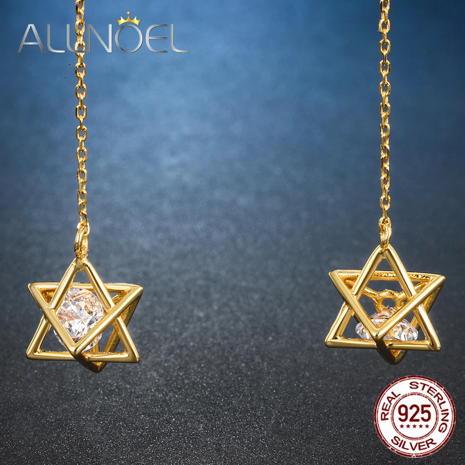 

ALLNOEL 925 Stelring Silver Zircon Earrings Geometric Star Design Yellow Gold Color For Women Girls Wedding As A Present