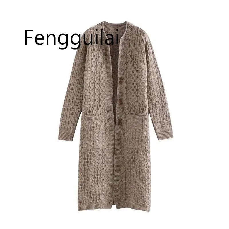 FENGGUILAI 2019 Hot Sale Autumn Winter European And American Fashion Double-button Decorative Long Sweater Khaki Black |