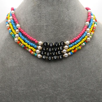 

Go2Boho New Seed Beads Choker LOVE Letter Necklace Natural Pearls Jewelry Multicolor Summer Beach Pearl Necklaces For Women Boho