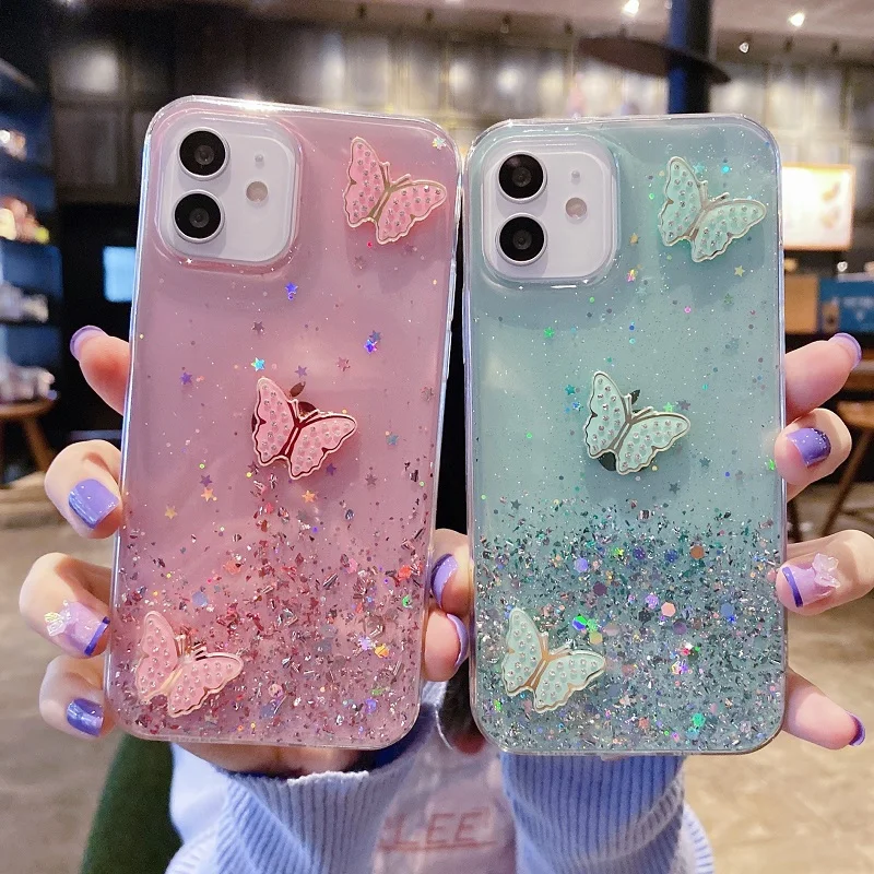 

Luxury Glitter Transparent Phone Case For OPPO Reno 7 Pro Diamond butterfly Epoxy Soft Shockproof Bumper Back Cover