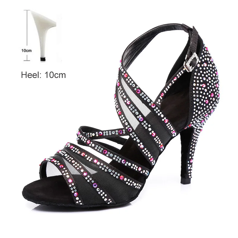 Обувь для бальных танцев; стразы для женщин и девочек; женские туфли для Танго/бальных танцев/латинских танцев на высоком каблуке; обувь для танцев в помещении; - Цвет: Black 10cm