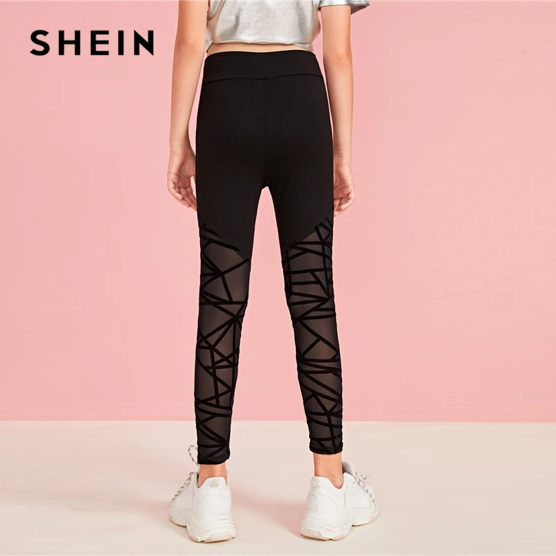 SHEIN/черные обтягивающие леггинсы с сетчатой вставкой для девочек; детские штаны; коллекция года; осенняя одежда для активного отдыха; повседневные брюки с эластичной резинкой на талии