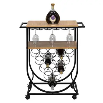 

Multifunctional Industrial Vintage Double-layer Movable Iron-wood Wine Rack Bar Car Metal Wood Wheeled Wine Rack Cart